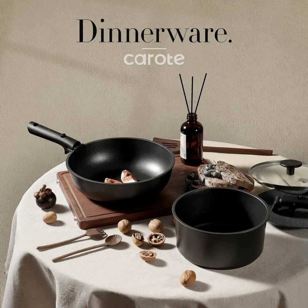 CAROTE 11pcs Nonstick Cookware Set With Detachable Handle, Oven Safe Black